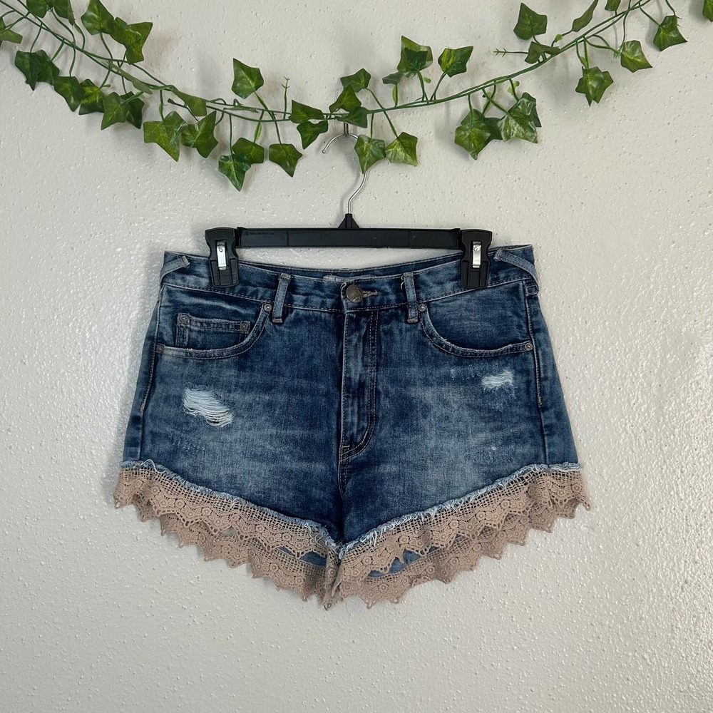 Free People Boho Lace Trim Distressed Denim Jean Shorts